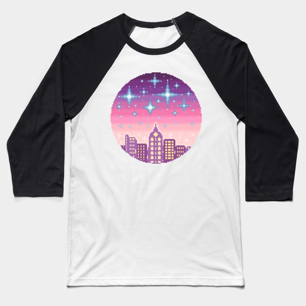 Skyline Pixel Art Baseball T-Shirt by AlleenasPixels